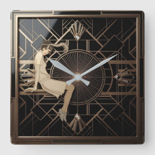 Flapper Girl Art Deco Luxury Black Gold Vintage Square Wall Clock