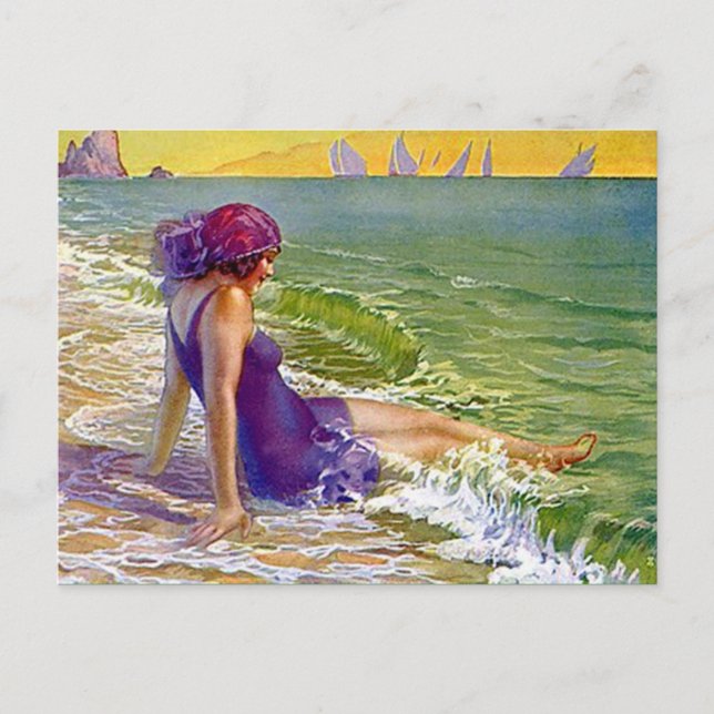 Flapper Girl At The Sea Postcard Sailboats Cloche (Front)