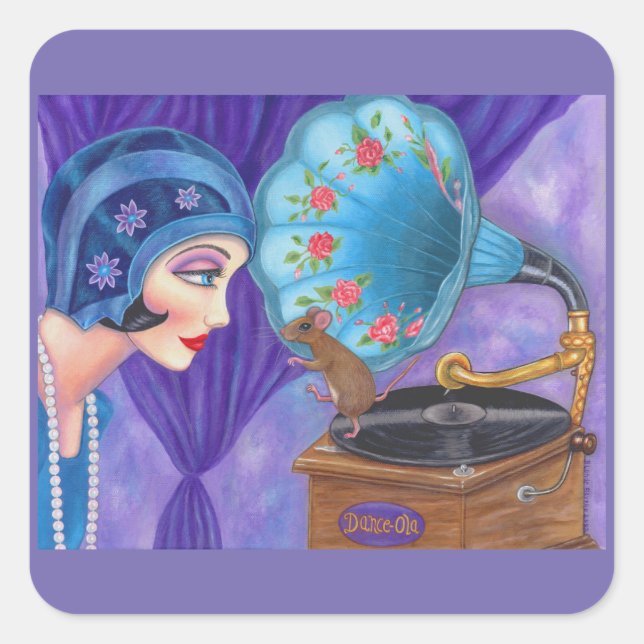 Flapper Girl Roaring Twenties Mouse Gramophone Square Sticker (Front)