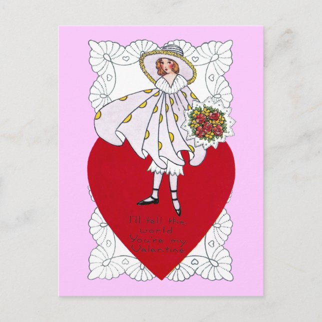 Flapper, Heart and Doily Vintage Valentine Holiday Postcard (Front)
