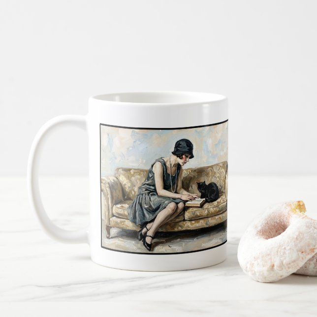 Flapper Reading a book with a black cat Literature Coffee Mug (With Donut)