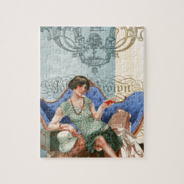 Flapper with suitcases, 1920's travel, art collage jigsaw puzzle (Vertical)