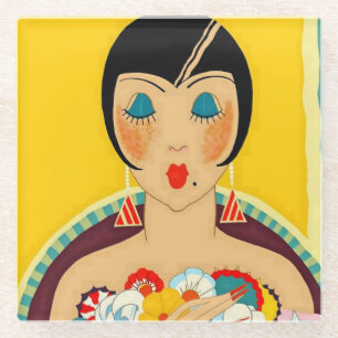 “Flappers and Flowers” Art Deco by Jose Carlos Glass Coaster