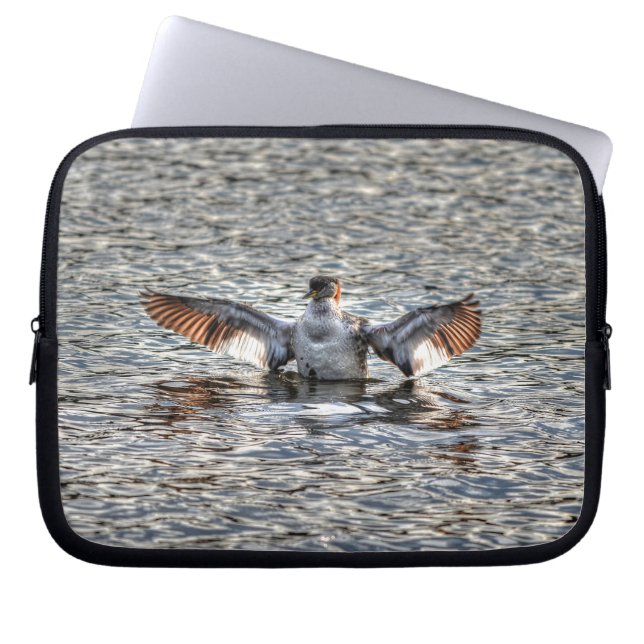 Flapping Red-necked Grebe & Lake Wildlife Photo Laptop Sleeve (Front)