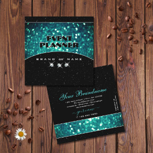 Flashy Black and Teal Sparkling Glitter Glamourous Square Business Card