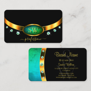Flashy Black Gold Teal Marble Monogram Diamonds Business Card