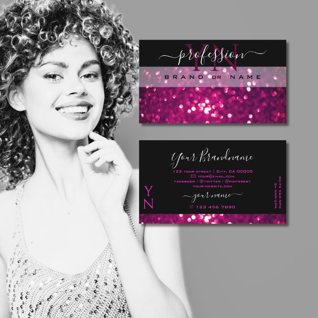 Flashy Black Pink Purple Sparkle Glitter Monogram Business Card (Creator Uploaded)