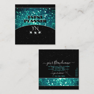Flashy Black Teal Sparkling Glitter with Monogram Square Business Card
