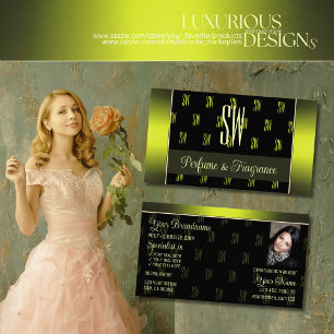 Flashy Black Yellow with Photo and Chic Monogram Business Card