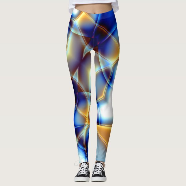 Flashy blue and yellow and snail-like lines throw  leggings (Front)