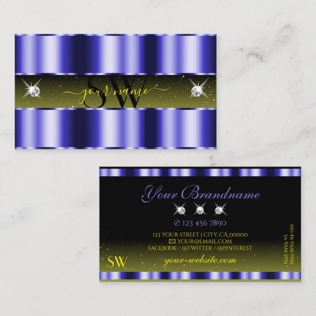 Flashy Blue Yellow Black Sparkle Jewels Monogram Business Card (Front/Back)