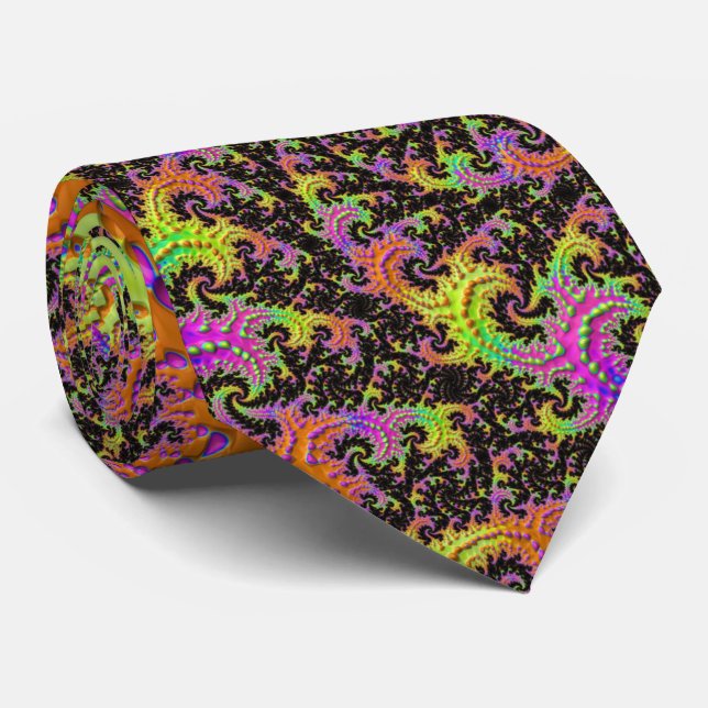 Flashy Colorful Spiral Abstract Digital Fractal Tie (Rolled)