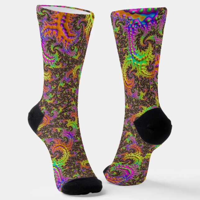 Flashy Colourful Spiral Abstract Digital Fractal Socks (Angled)