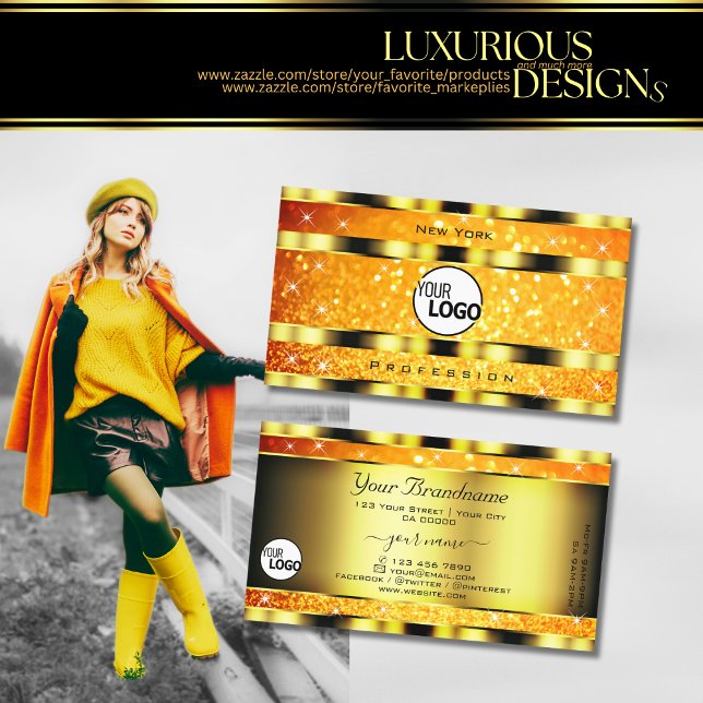 Flashy Gold Orange Gradient Glitter Stars add Logo Business Card (Creator Uploaded)