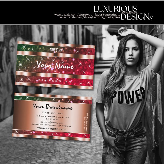 Flashy Green Pink Glitter Stars Rose Gold Creative Business Card (Creator Uploaded)