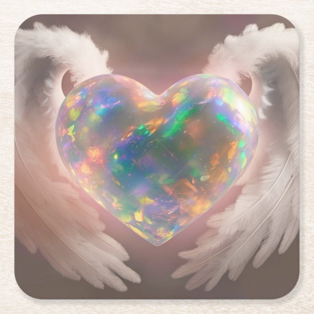 *~* Flashy Opal Heart Angel Wings AP78  Square Paper Coaster (Front)