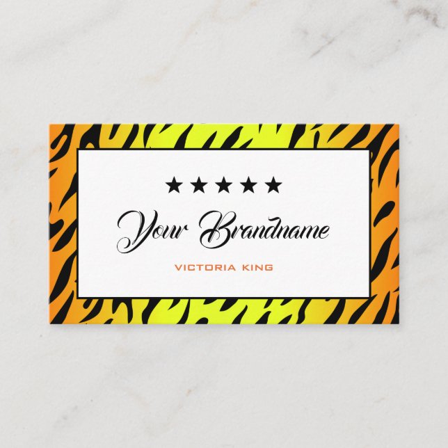 Flashy Orange Tiger Frame with Chic 5 Stars Modern Business Card (Front)