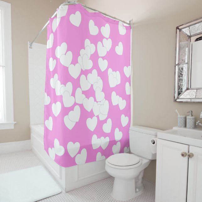 Flashy Pink With Big White Hearts Shower Curtain (In Situ)
