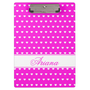 Flashy Pink With Cute White Hearts, Custom Name Clipboard