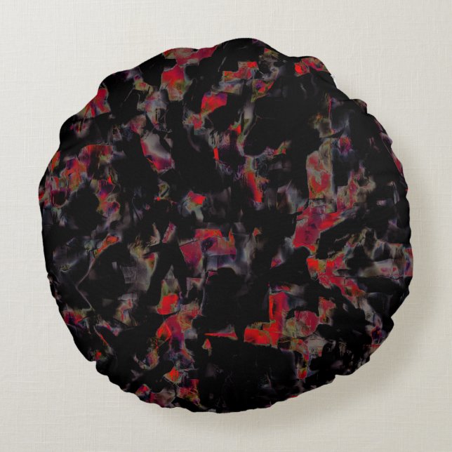 Flashy red blots on dark grey rocky base, texture  round cushion (Back)