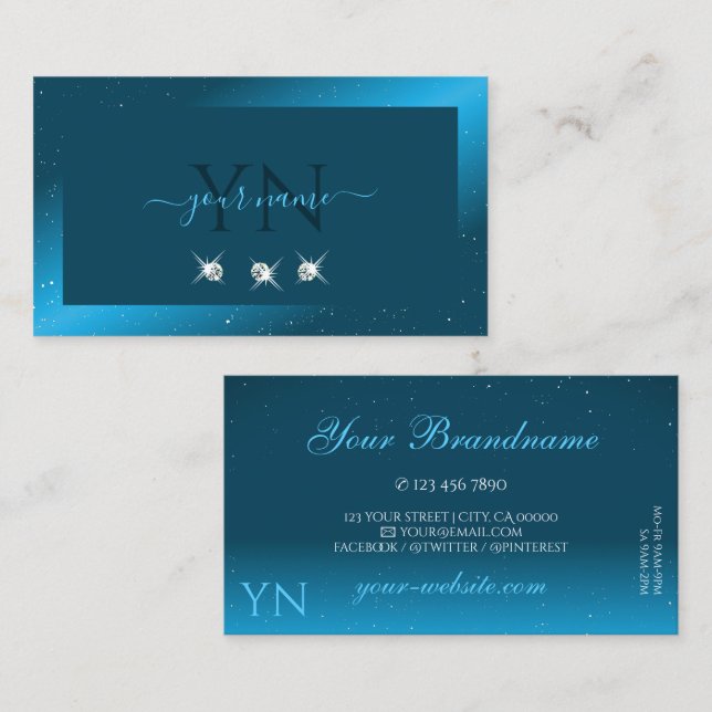 Flashy Shimmery Teal Sparkling Diamonds Initials Business Card (Front/Back)