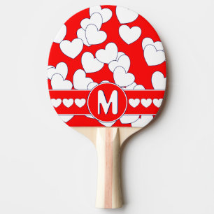 Flashy White Hearts Striking Red Custom Monogram Ping Pong Paddle
