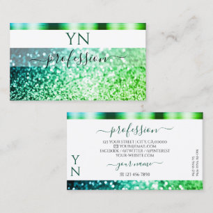 Flashy White Teal Green Sparkling Glitter Monogram Business Card
