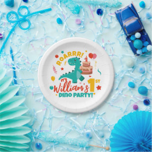 Flat 1st Birthday Dino Party Colourful Paper Plate