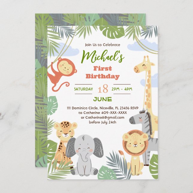 Flat 1st birthday invitation with of cute animals. (Front/Back)