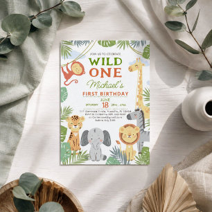 Flat 1st birthday invitation with of cute animals.