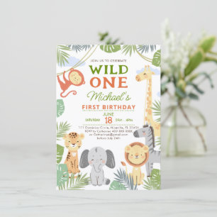 Flat 1st birthday invitation with of cute animals.