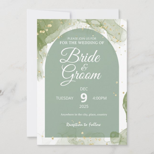 Flat Card Green Sage Editable Wedding Invitation  (Front)