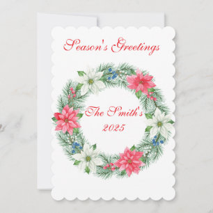Flat Card-Luxury Scalloped Poinsettia Christmas Ca Holiday Card