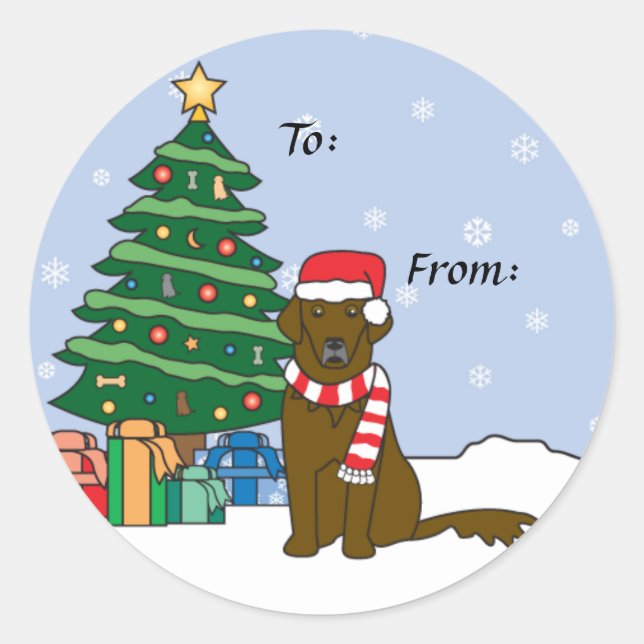 Flat-Coated Retriever and Christmas Tree Classic Round Sticker (Front)