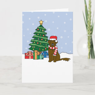 Flat-Coated Retriever and Christmas Tree Holiday Card