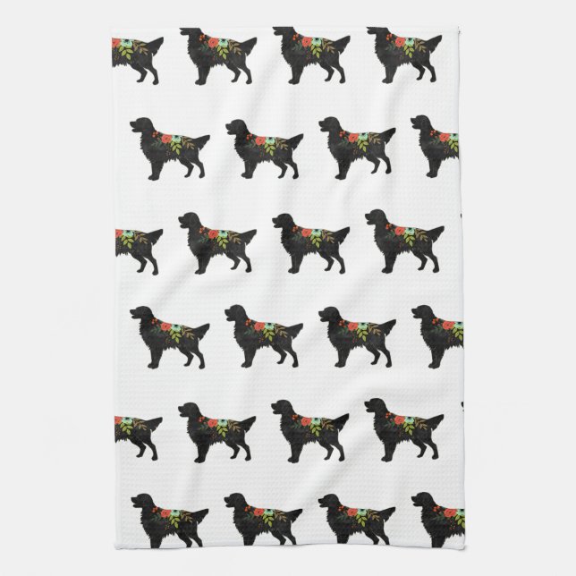 Flat-Coated Retriever Dog Breed Bohemian Floral Tea Towel (Vertical)