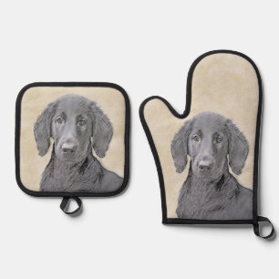 Flat-Coated Retriever Painting Black Pet Dog Art Oven Mitt & Pot Holder Set