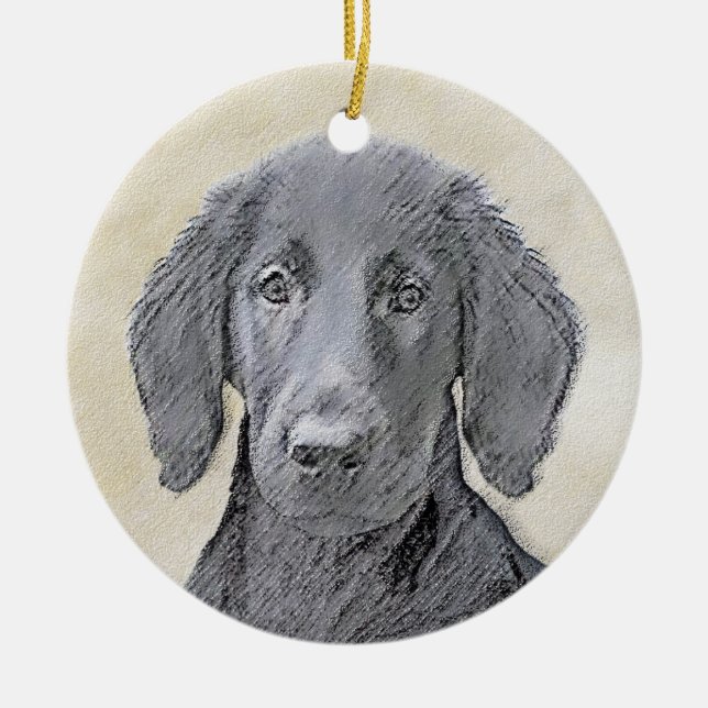 Flat-Coated Retriever Painting - Cute Original Dog Ceramic Tree Decoration (Front)