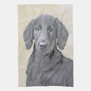 Flat-Coated Retriever Painting - Cute Original Dog Tea Towel