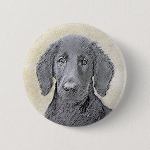 Flat-Coated Retriever Painting - Original Dog Art 6 Cm Round Badge