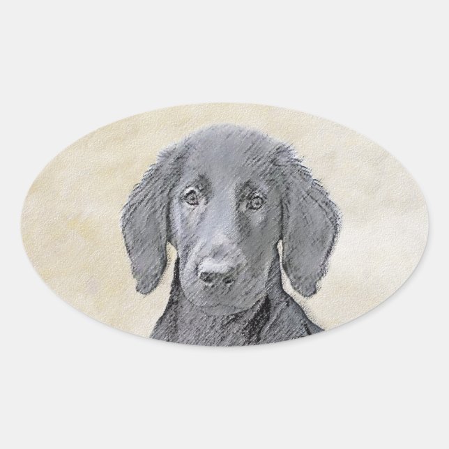 Flat-Coated Retriever Painting - Original Dog Art Oval Sticker (Front)