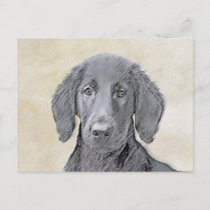 Flat-Coated Retriever Painting - Original Dog Art Postcard