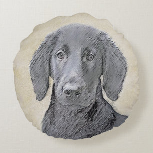 Flat-Coated Retriever Painting - Original Dog Art Round Cushion