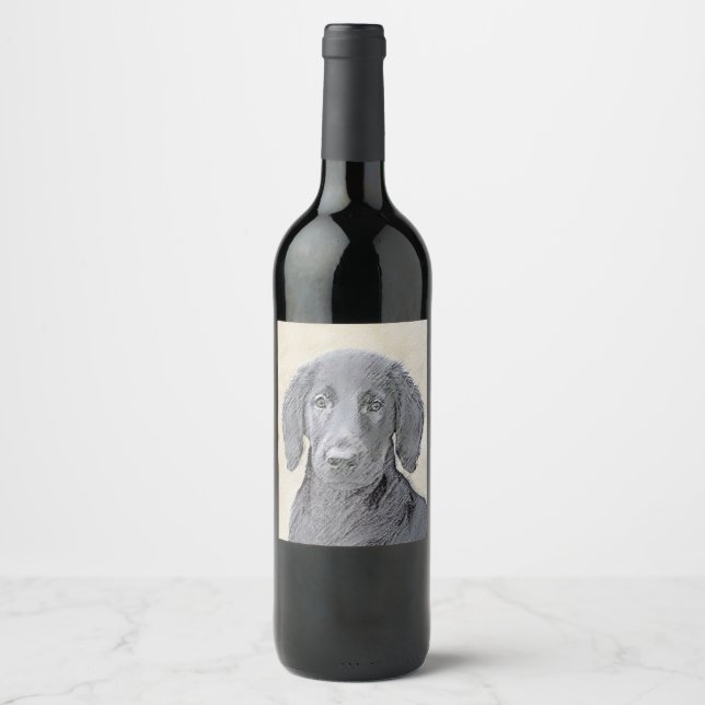 Flat-Coated Retriever Painting - Original Dog Art Wine Label (Front)