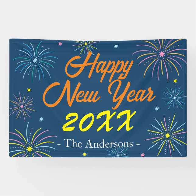 Flat Colourful Happy New Year Celebration - Blue Banner (Horizontal)