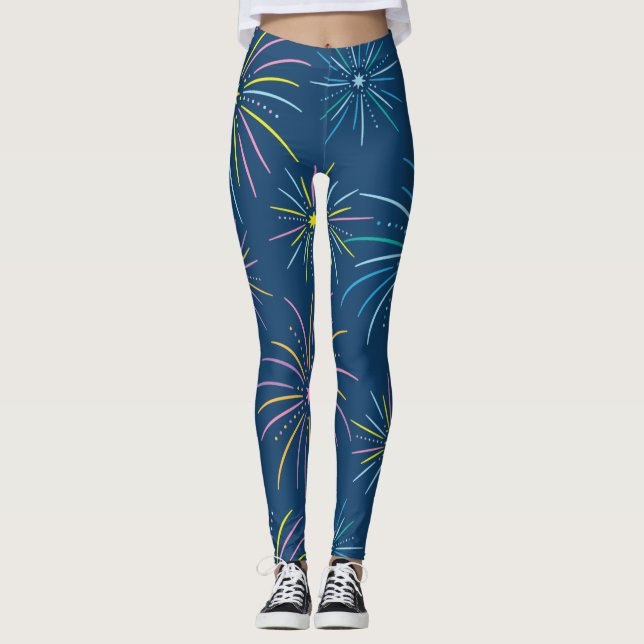 Flat Colourful New Year Fireworks Pattern - Blue Leggings (Front)