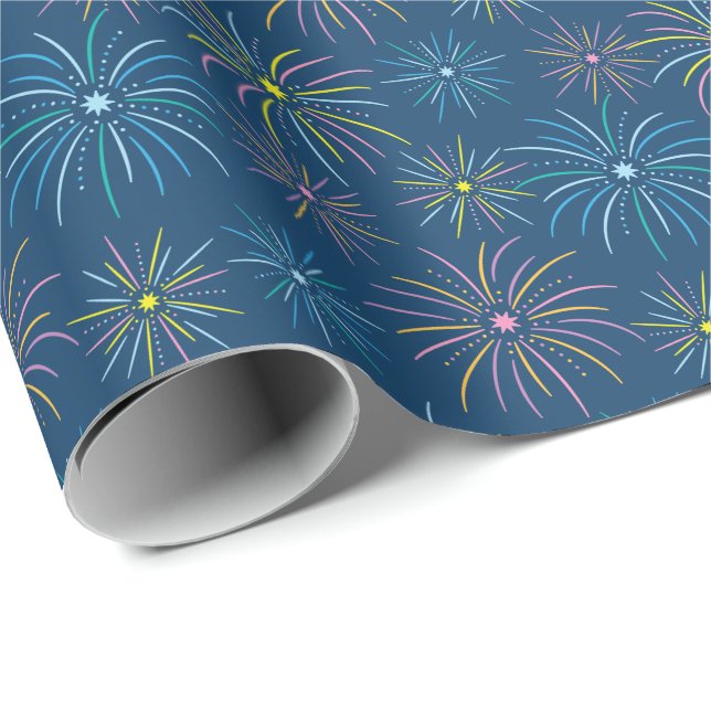 Flat Colourful New Year Fireworks Pattern - Blue Wrapping Paper (Roll Corner)