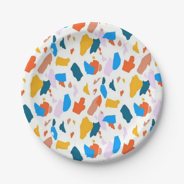 Flat colourful terrazzo pattern paper plate (Front)