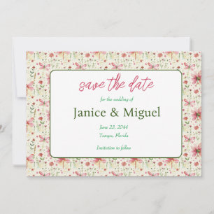 Flat Floral Dragonfly Wedding Save The Date Card