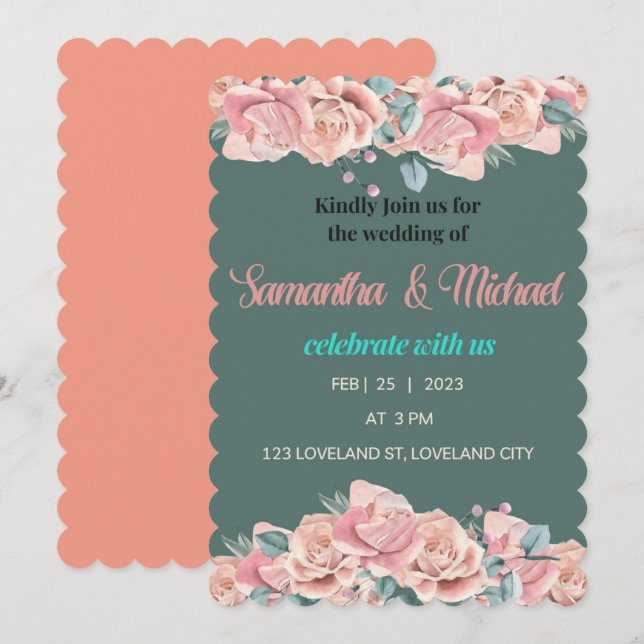 Flat floral festooned wedding invitation card (Front/Back)